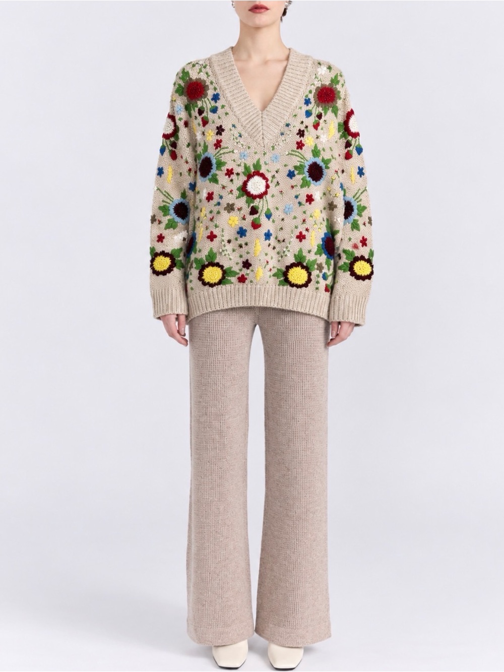 Zara Limited Edition Chunky Knit Floral Embroidered V Neck Sweater